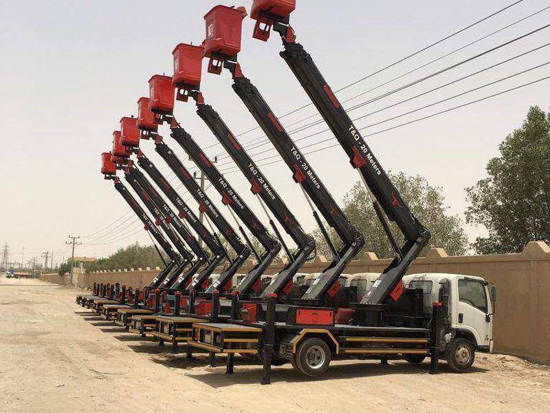 A row of aerial work platforms ready for handover at the Golden Quality yard, Riyadh A row of aerial work platforms ready for handover at the Golden Quality yard, Riyadh