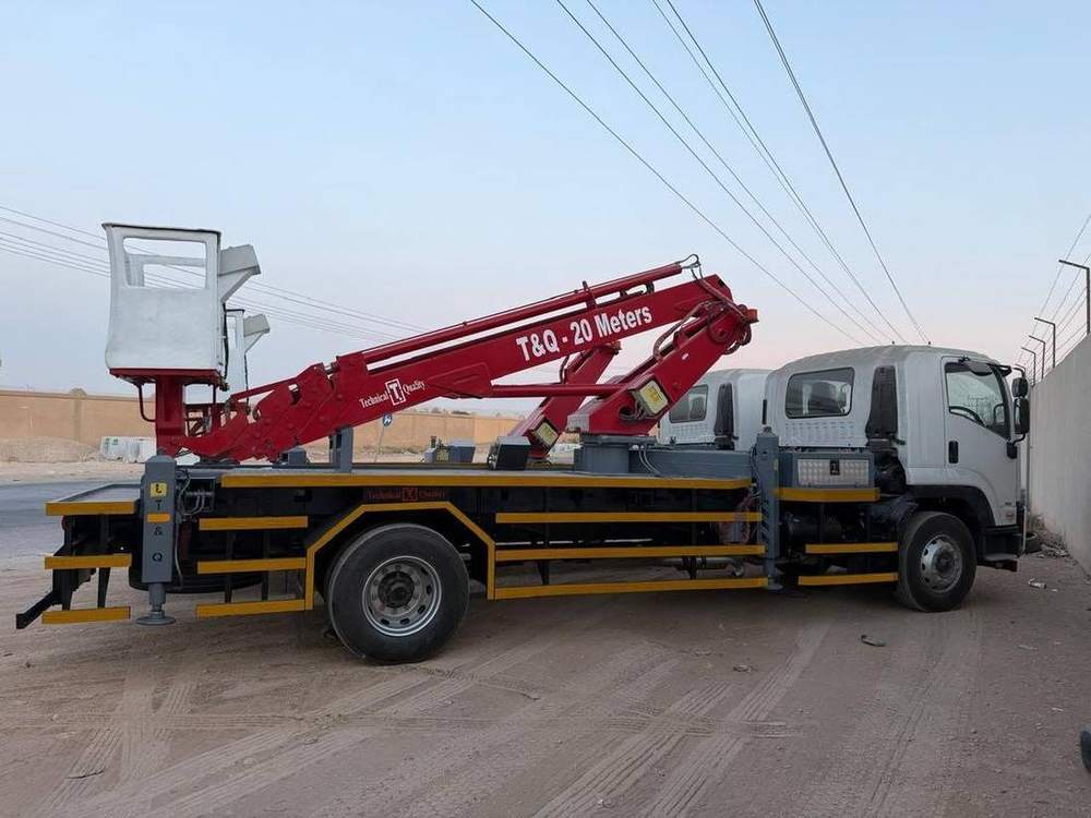 20 m aerial work platform with a red boom mounted on an Isuzu truck